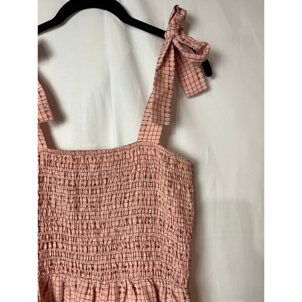FORE Midi Dress Womens Large Pink Check Smocked Tie Shoulder Tiered Cotton Blend